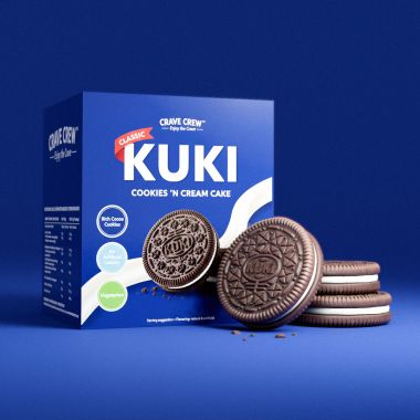 3D-Mockup einer Keks-Verpackung (Crave Crew) mit Papier-Textur und hochwertigem Druckbild.
