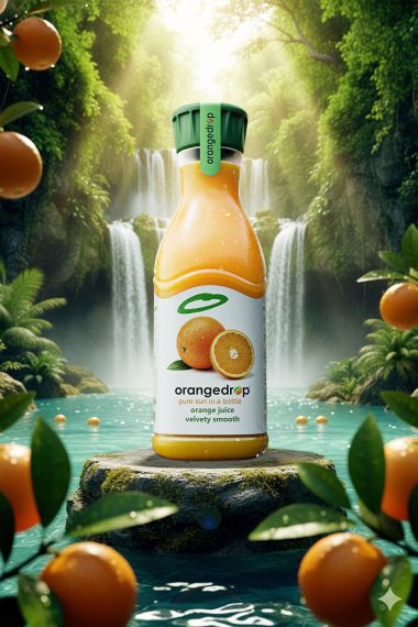 Orangensaft-Flasche in einer 3D-generierten Dschungel-Umgebung zur Betonung der Natürlichkeit.