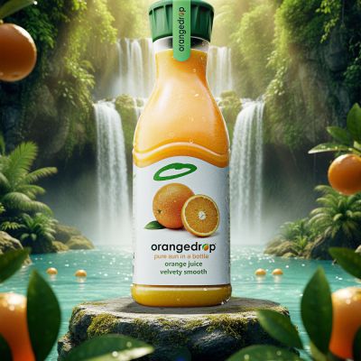 Orangensaft-Flasche in einer 3D-generierten Dschungel-Umgebung zur Betonung der Natürlichkeit.