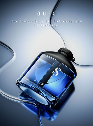 Künstlerisches Rendering eines Parfüm-Flakons (S-aura) mit dickem Glasboden und goldener Flüssigkeit.