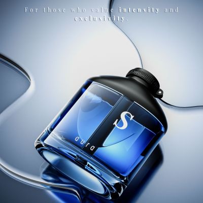 Künstlerisches Rendering eines Parfüm-Flakons (S-aura) mit dickem Glasboden und goldener Flüssigkeit.