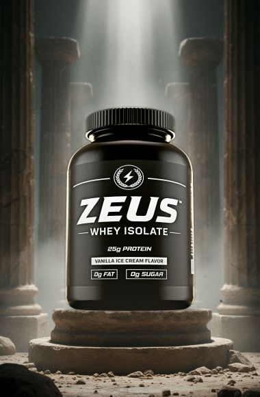 Große Protein-Dose (Zeus Whey) in einer epischen Tempelruine