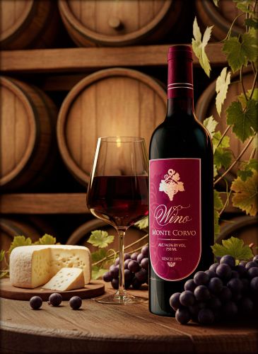 Stimmungsvolles Stillleben einer Rotweinflasche (Monte-Co) in dunkler Studio-Umgebung.